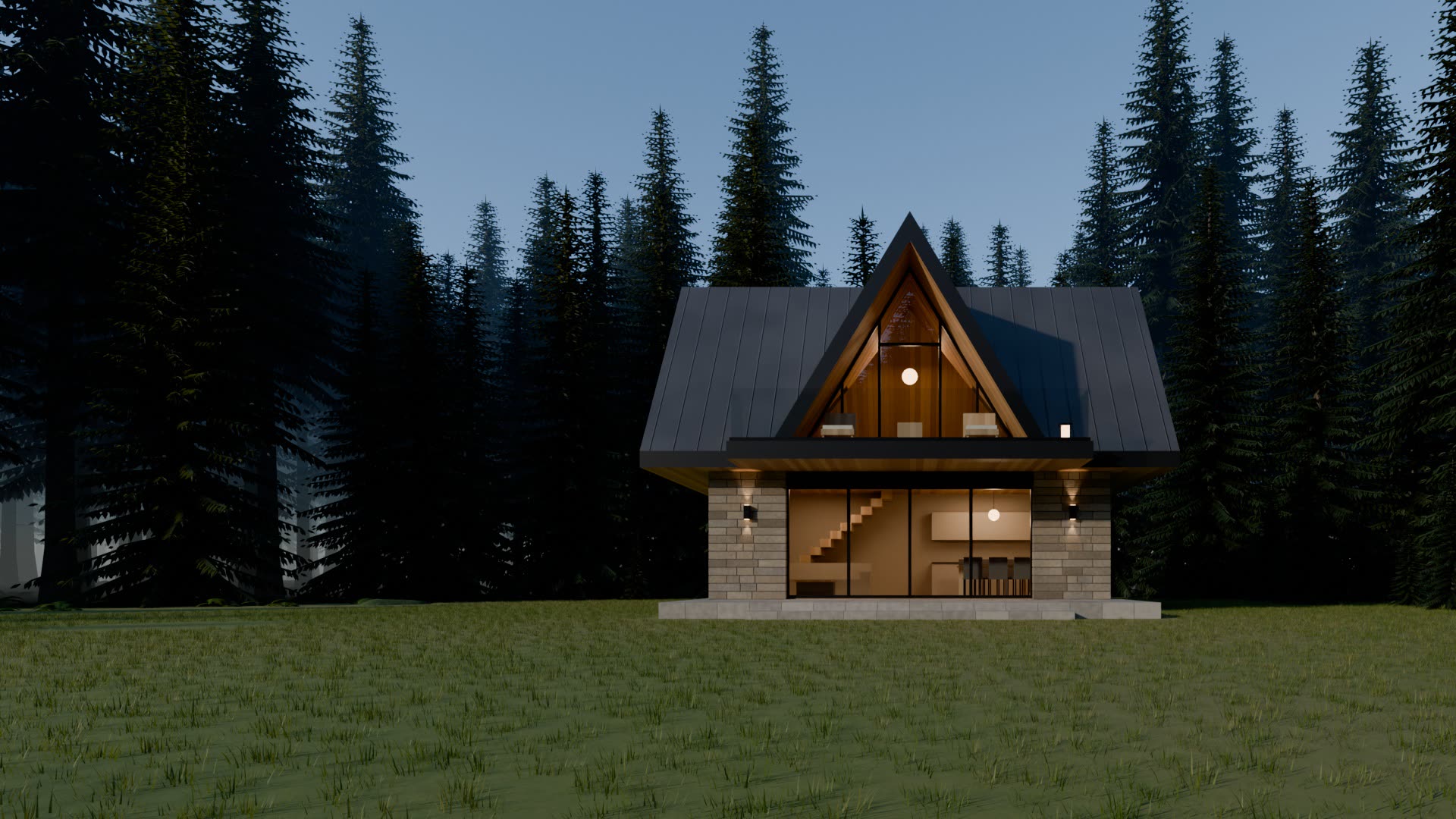 The finished A-Frame at dusk with its lights on, among tall spruce trees